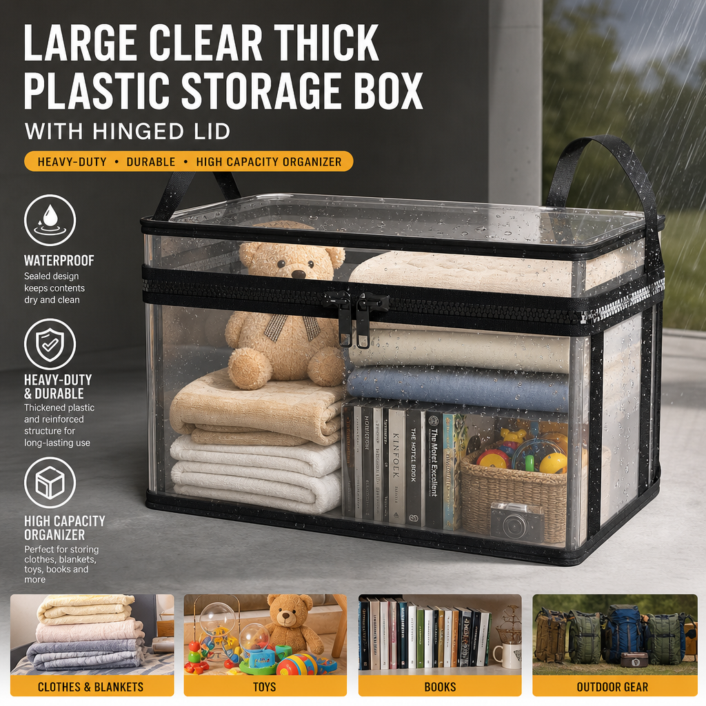 Large Clear Storage Box with Hinged Lid – Heavy-Duty High Capacity Organizer